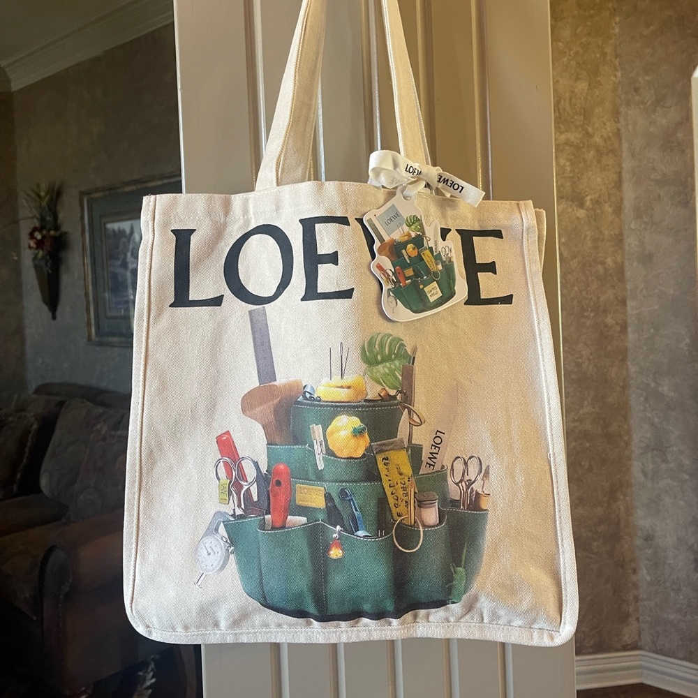 Loewe White Canvas Tote with Green Graphic